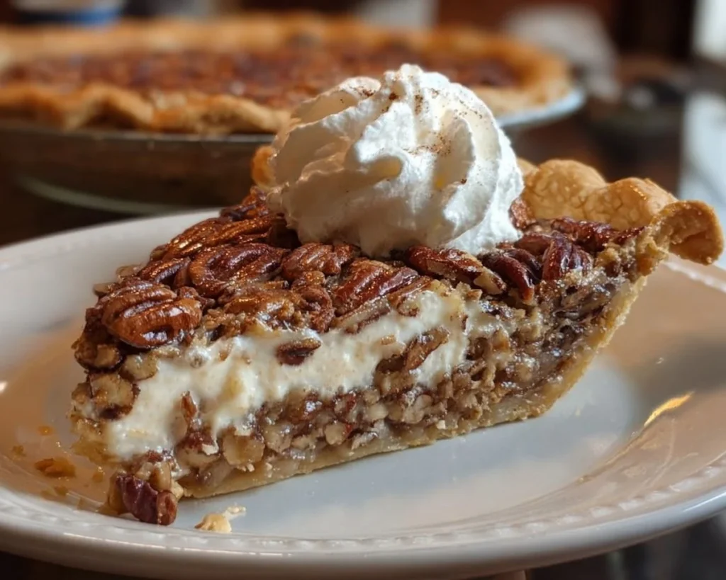 Delicious pecan cream pie with a creamy filling and pecan topping