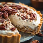 Delicious slice of homemade Pecan Cream Pie topped with whipped cream and pecans