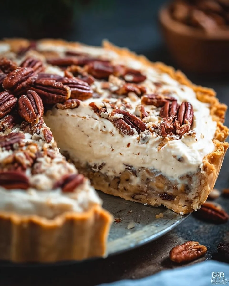 Delicious slice of homemade Pecan Cream Pie topped with whipped cream and pecans
