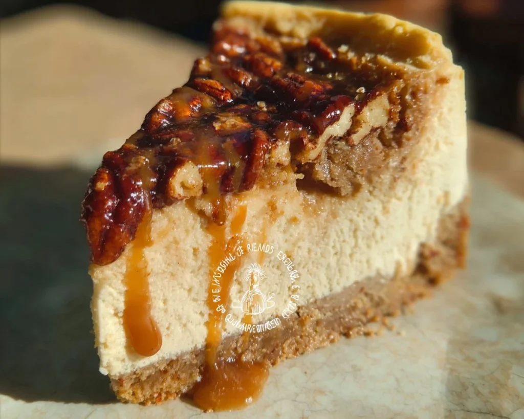 Slice of pecan pie cheesecake topped with pecans and caramel drizzle
