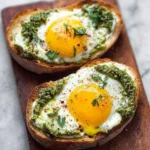 Plate of vibrant pesto eggs topped with fresh herbs