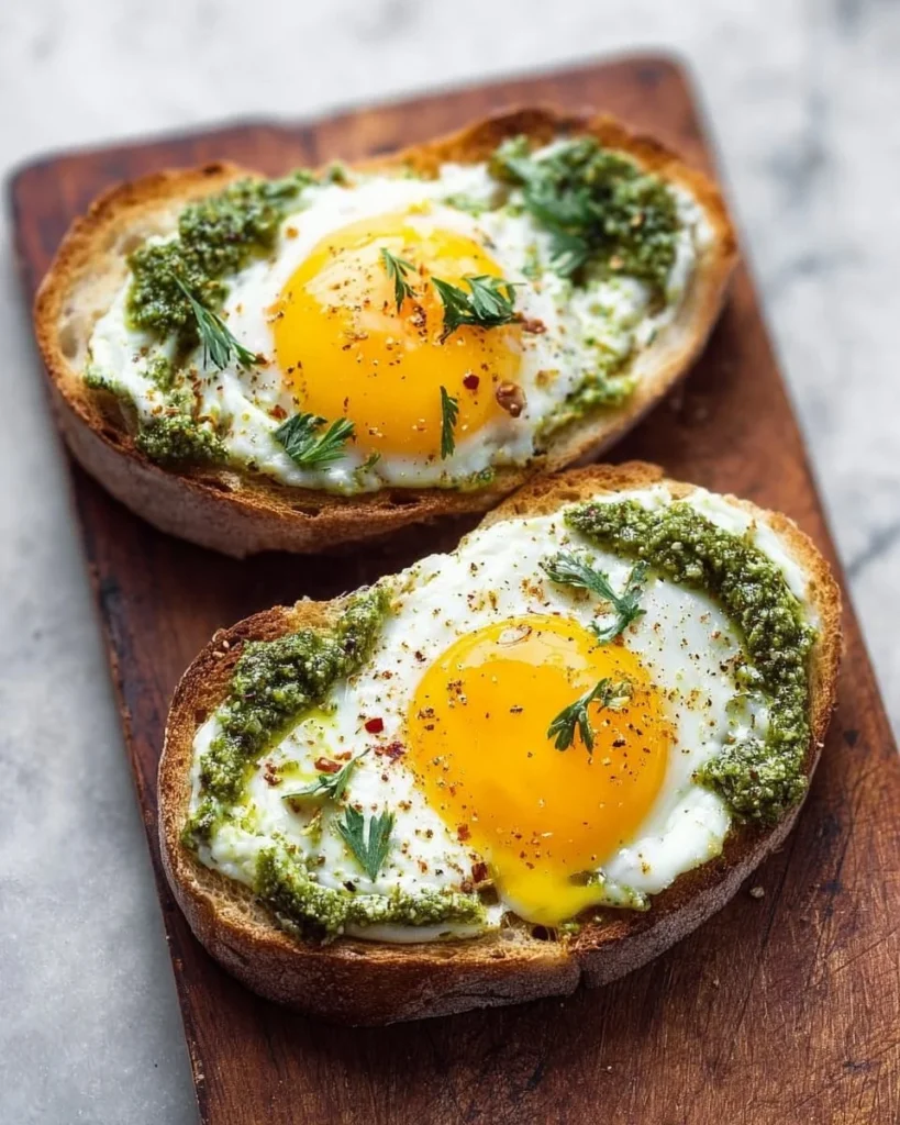Plate of vibrant pesto eggs topped with fresh herbs