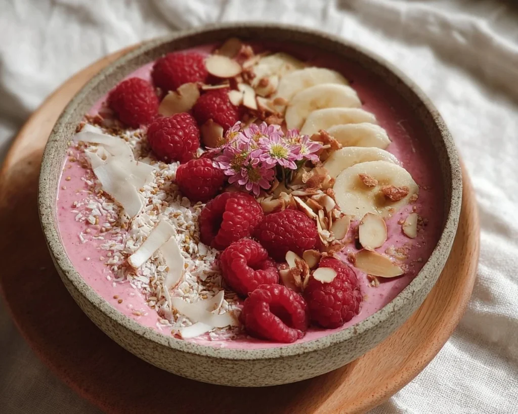 Pink raspberry smoothie bowl topped with fresh fruits and granola