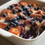 Quick Blueberry French Toast Casserole baked dish with blueberries