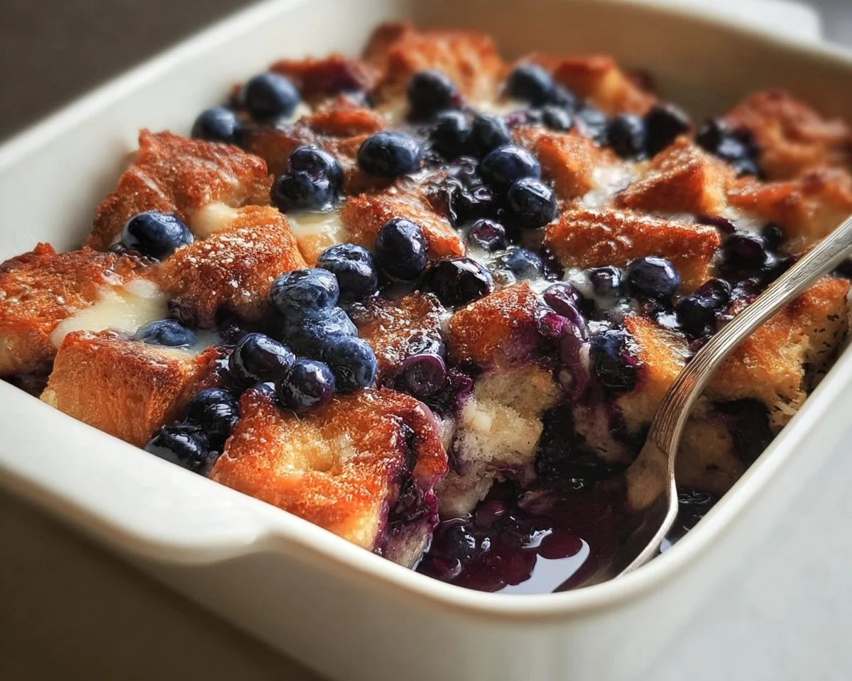 Quick Blueberry French Toast Casserole baked dish with blueberries