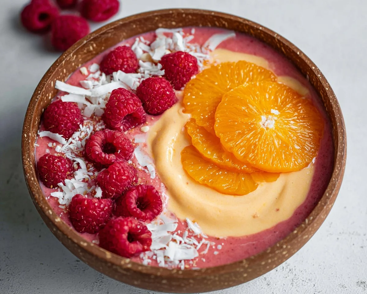 Delicious Raspberry Orange Smoothie Bowl topped with fresh fruits and nuts.
