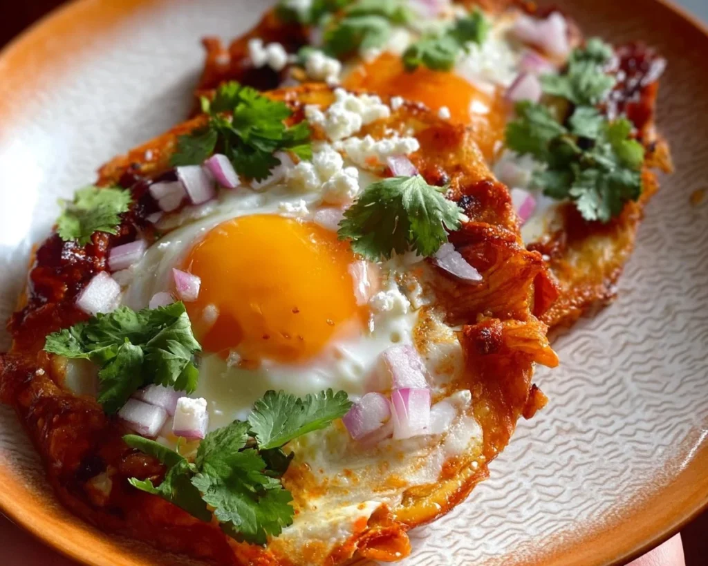 Red chile tostadas topped with eggs, garnished with fresh cilantro and avocado slices.
