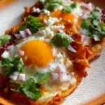 Red chile tostadas topped with eggs, garnished with fresh cilantro and avocado slices.