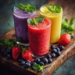 Colorful and nutritious smoothies in glass jars with fresh fruits and vegetables