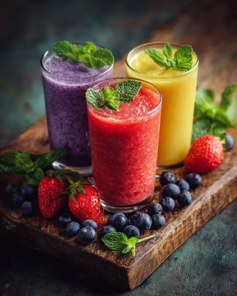 Colorful and nutritious smoothies in glass jars with fresh fruits and vegetables