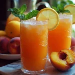 Glasses of refreshing peach lemonade garnished with fresh peach slices and mint leaves.