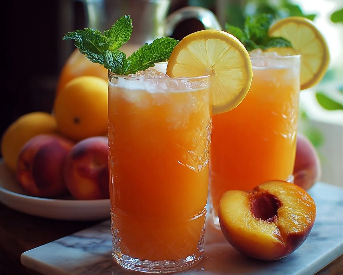 Glasses of refreshing peach lemonade garnished with fresh peach slices and mint leaves.