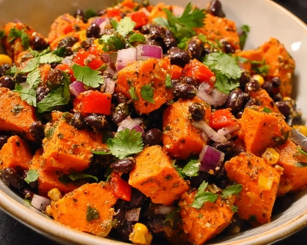 Roasted sweet potato black bean salad served in a bowl