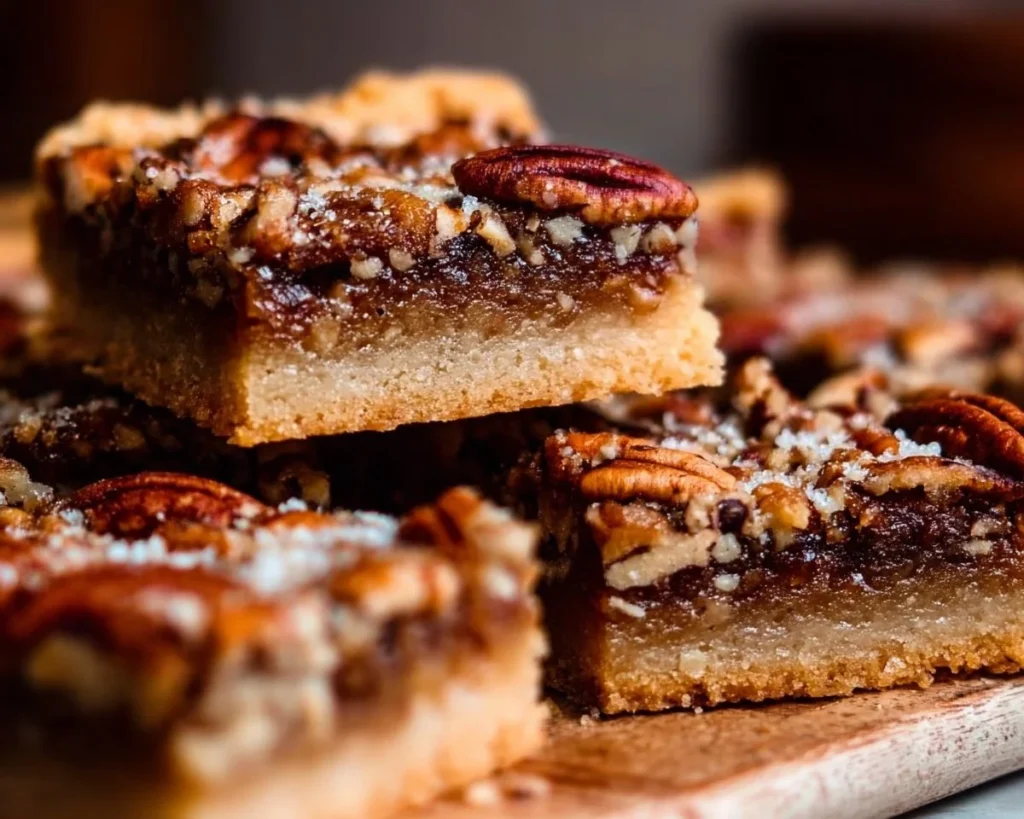 Delicious salted maple pecan pie bars served on a white plate.