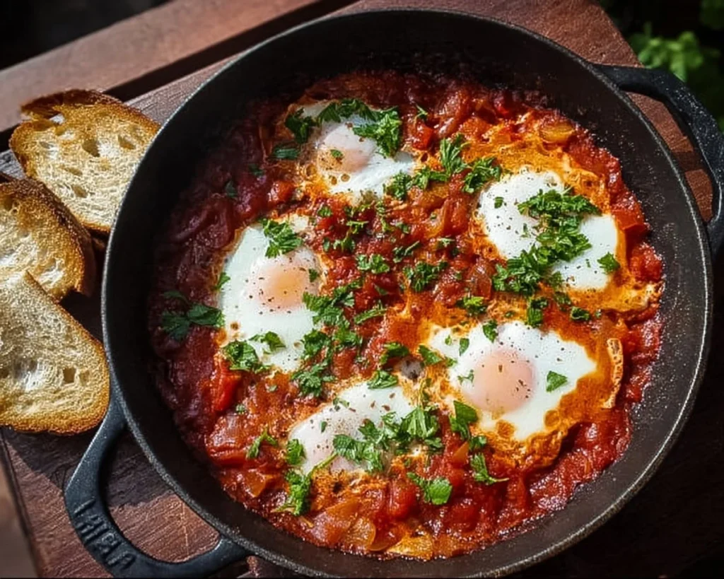 A vibrant plate of Shakshuka with poached eggs and fresh herbs on a rustic table.