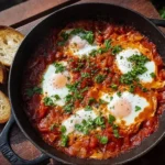 A vibrant plate of Shakshuka with poached eggs and fresh herbs on a rustic table.