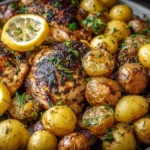 Sheet pan lemon balsamic chicken and potatoes ready to serve