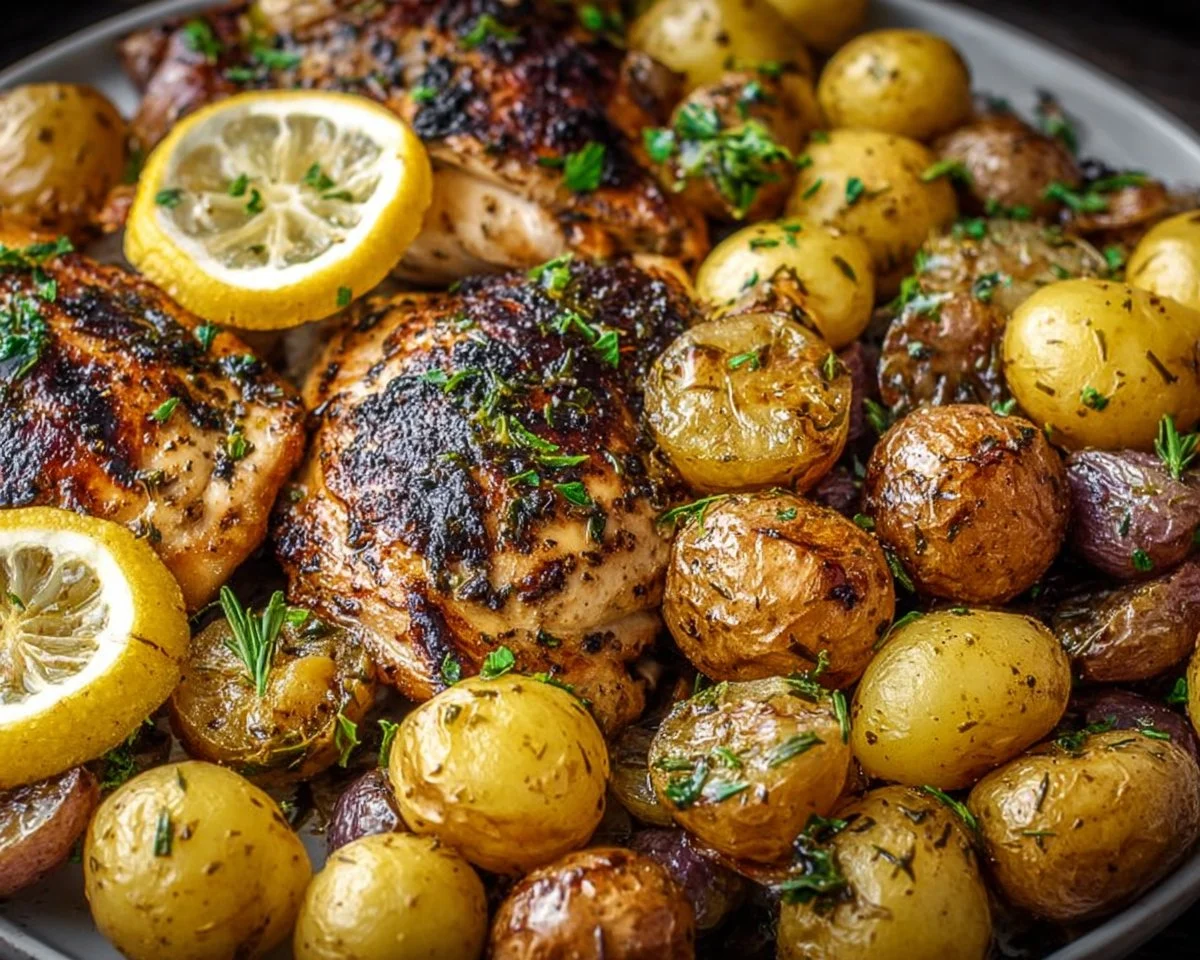 Sheet pan lemon balsamic chicken and potatoes ready to serve