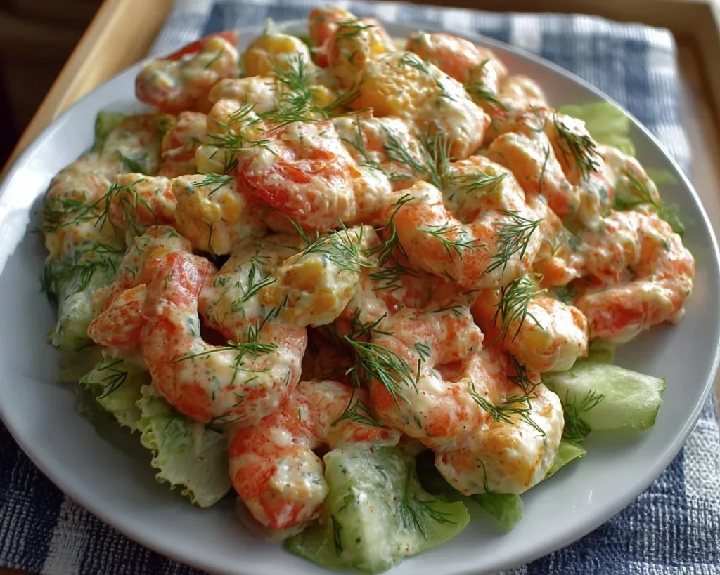 Delicious homemade shrimp salad with fresh ingredients served in a bowl.