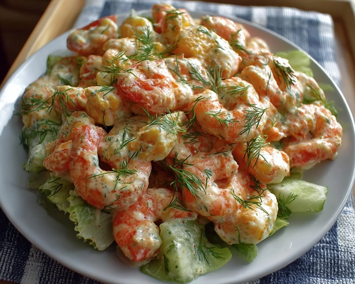 Delicious homemade shrimp salad with fresh ingredients served in a bowl.