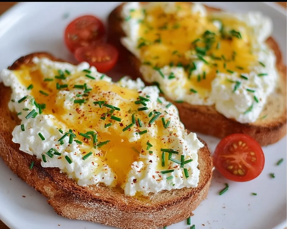 Delicious egg and ricotta toast topped with herbs and spices