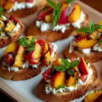 Simple Peach Bruschetta topped with whipped ricotta on toasted bread