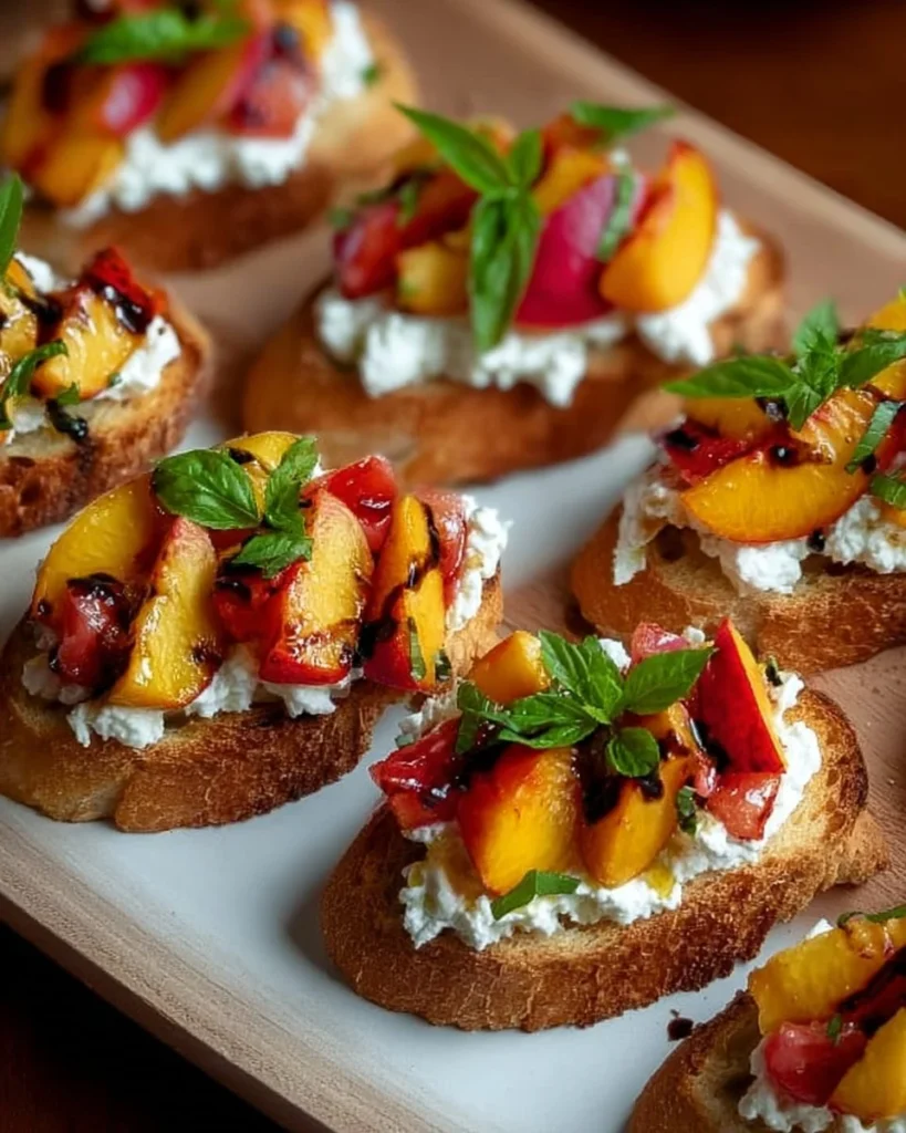 Simple Peach Bruschetta topped with whipped ricotta on toasted bread