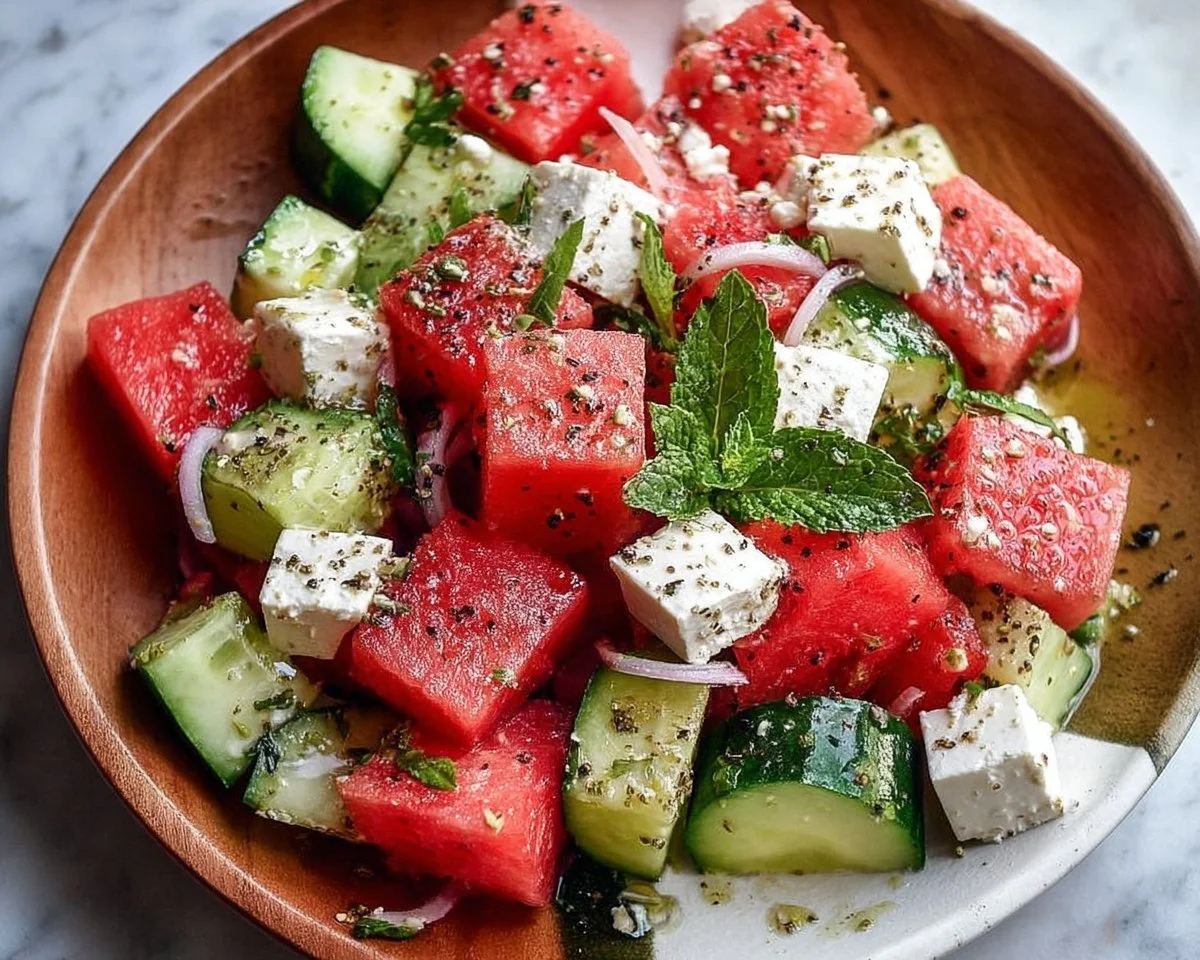 Fresh Watermelon Cucumber Feta Salad with vibrant colors and ingredients
