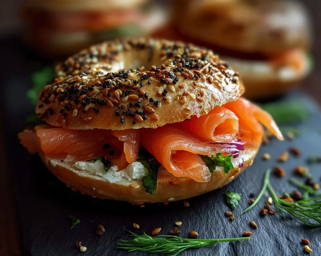 Delicious smoked salmon bagel with cream cheese and toppings