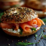Delicious smoked salmon bagel with cream cheese and toppings