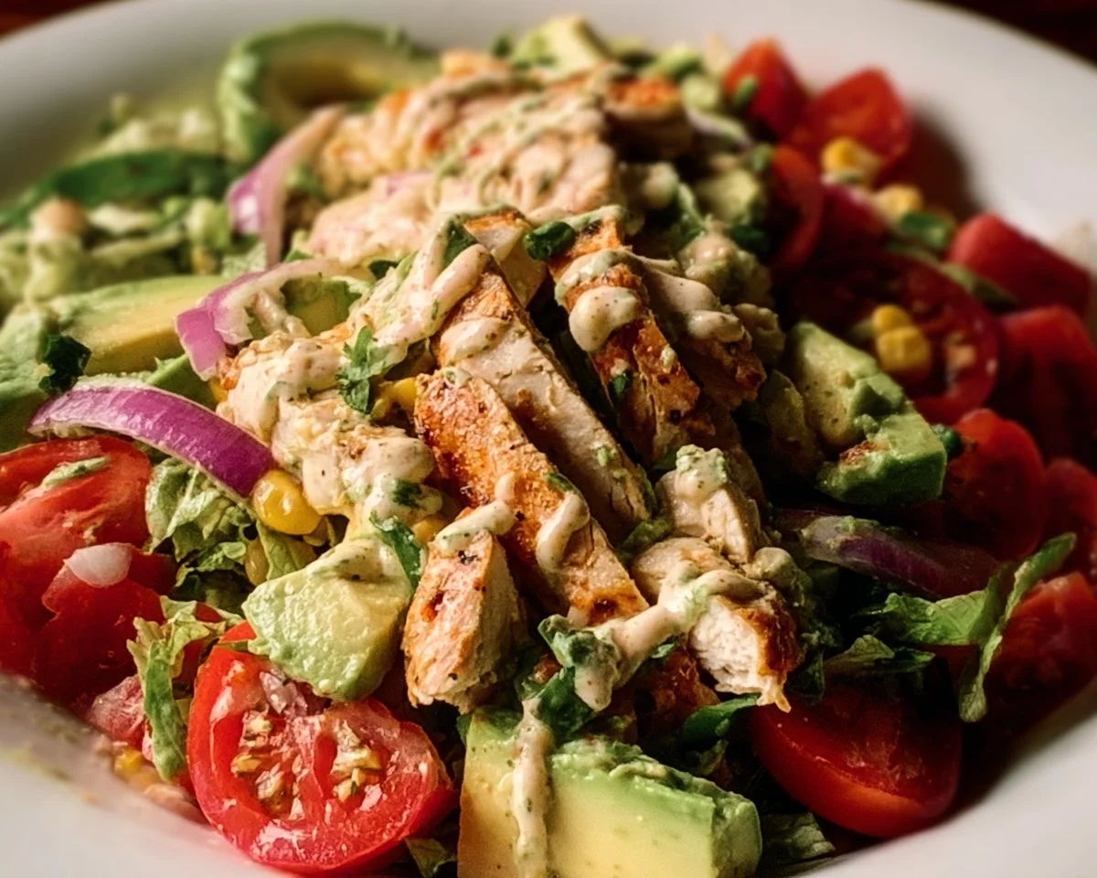 Bowl of Southwest Avocado Chicken Salad with fresh ingredients