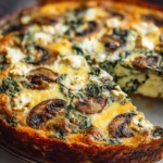 Spinach Mushroom and Feta Crustless Quiche served on a plate