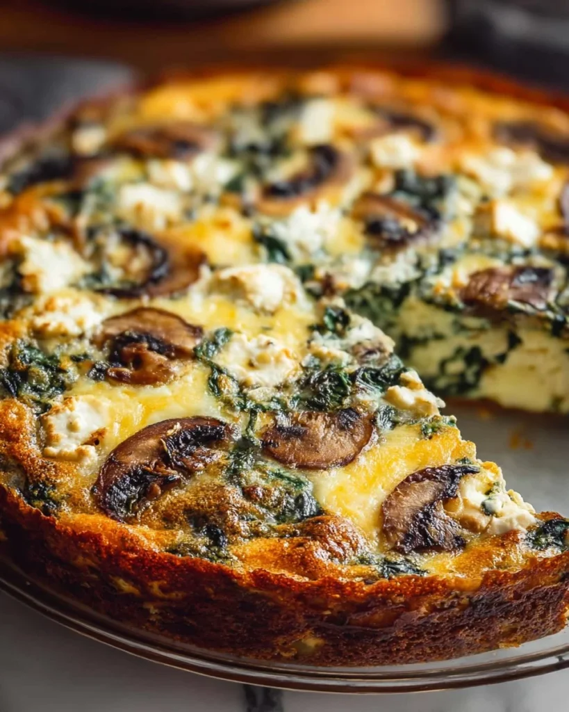 Spinach Mushroom and Feta Crustless Quiche served on a plate
