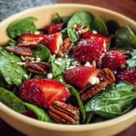 Fresh spinach strawberry salad with pecans in a bowl