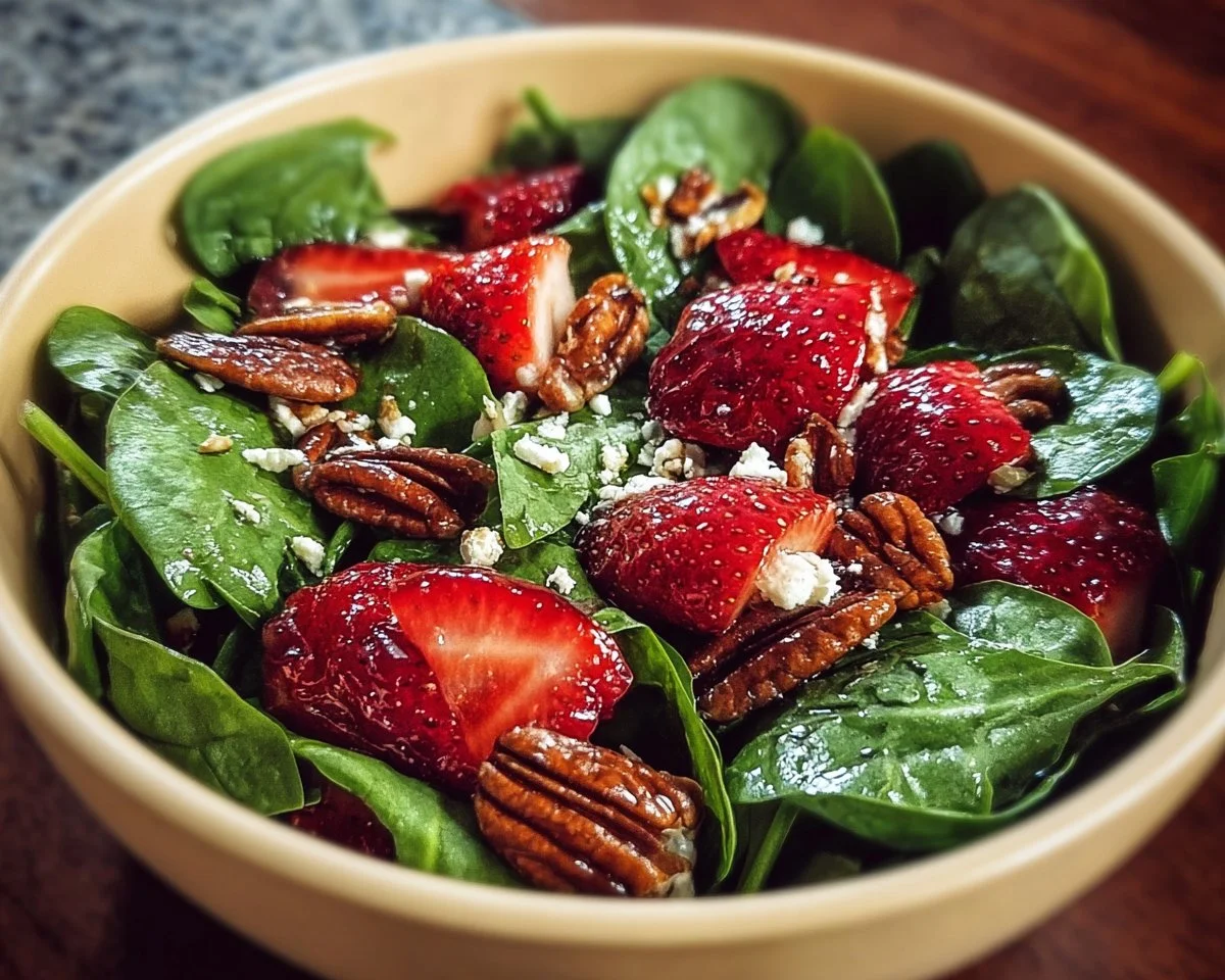 Fresh spinach strawberry salad with pecans in a bowl