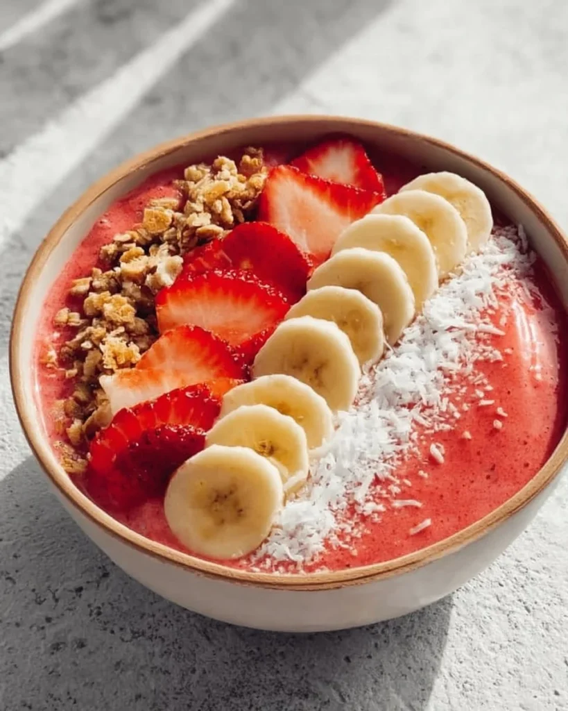 Strawberry banana smoothie bowl topped with fruits and granola