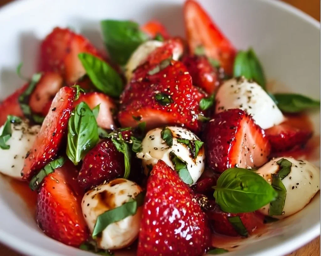 Strawberry Caprese Salad with mozzarella cheese and fresh basil on a plate.
