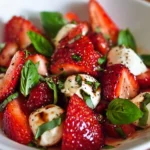 Strawberry Caprese Salad with mozzarella cheese and fresh basil on a plate.