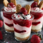 Delicious Strawberry Mousse Cheesecake Parfaits served in glass cups.