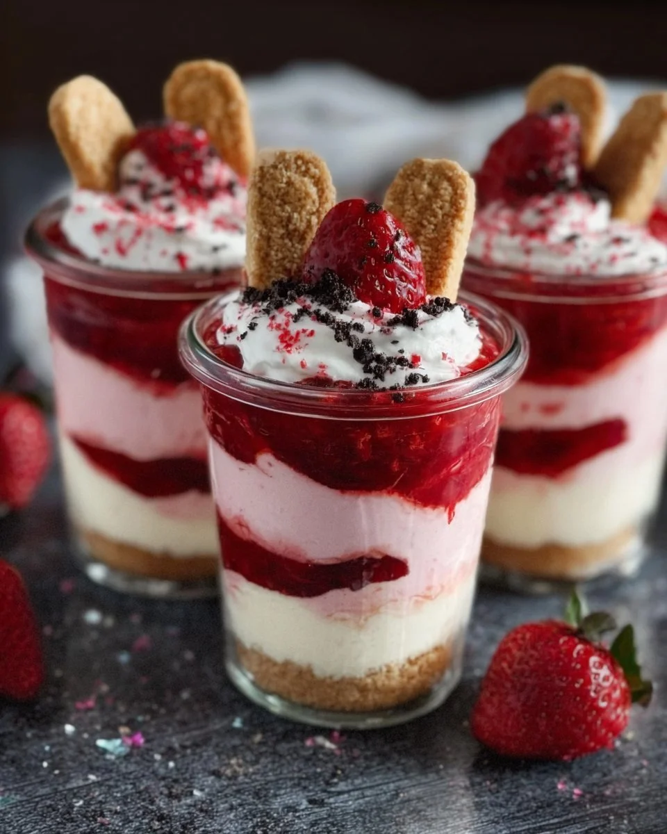 Delicious Strawberry Mousse Cheesecake Parfaits served in glass cups.