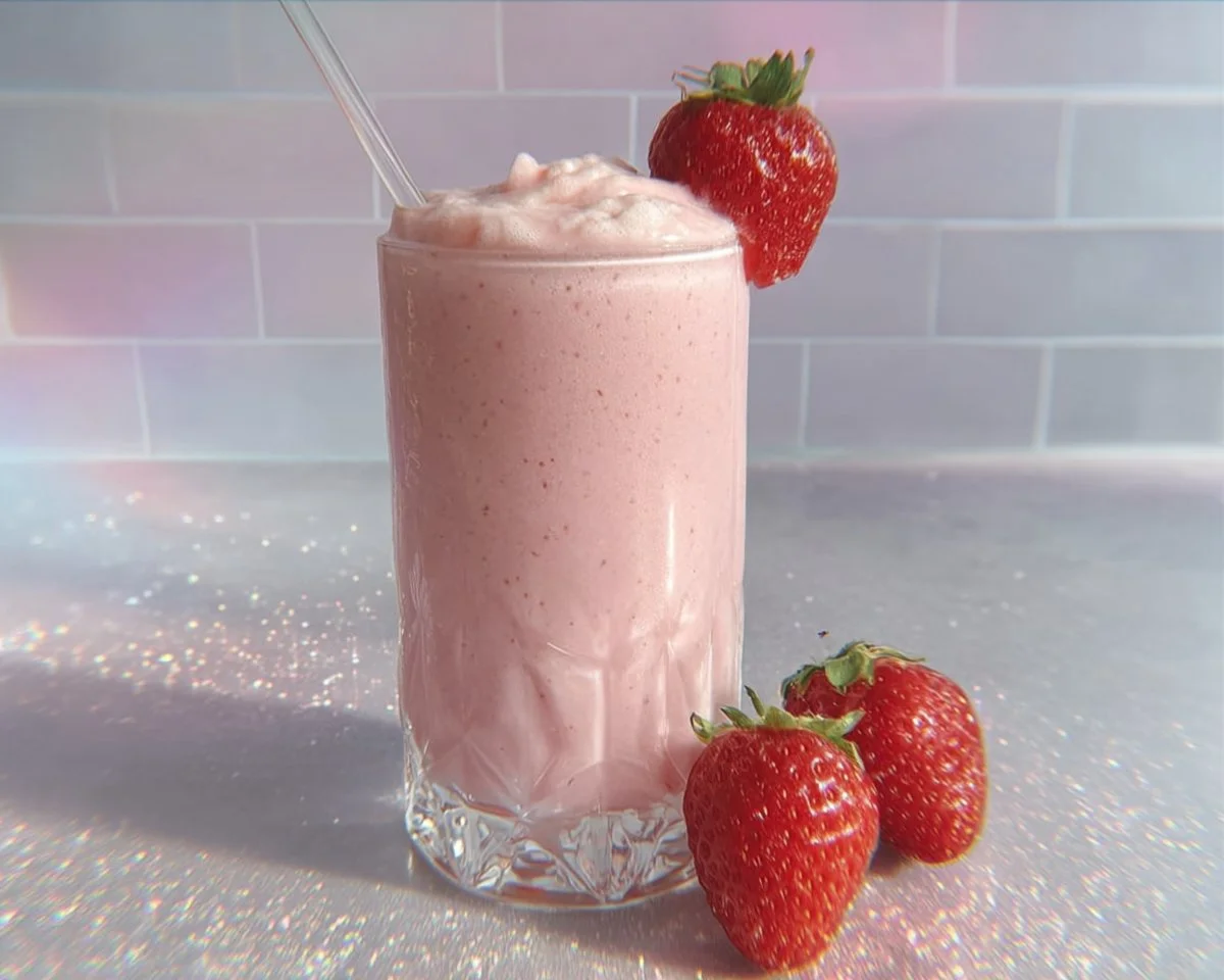 Homemade strawberry protein shake in a glass, garnished with fresh strawberries.