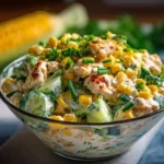 Delicious Street Corn Creamy Cucumber Chicken Salad served in a bowl