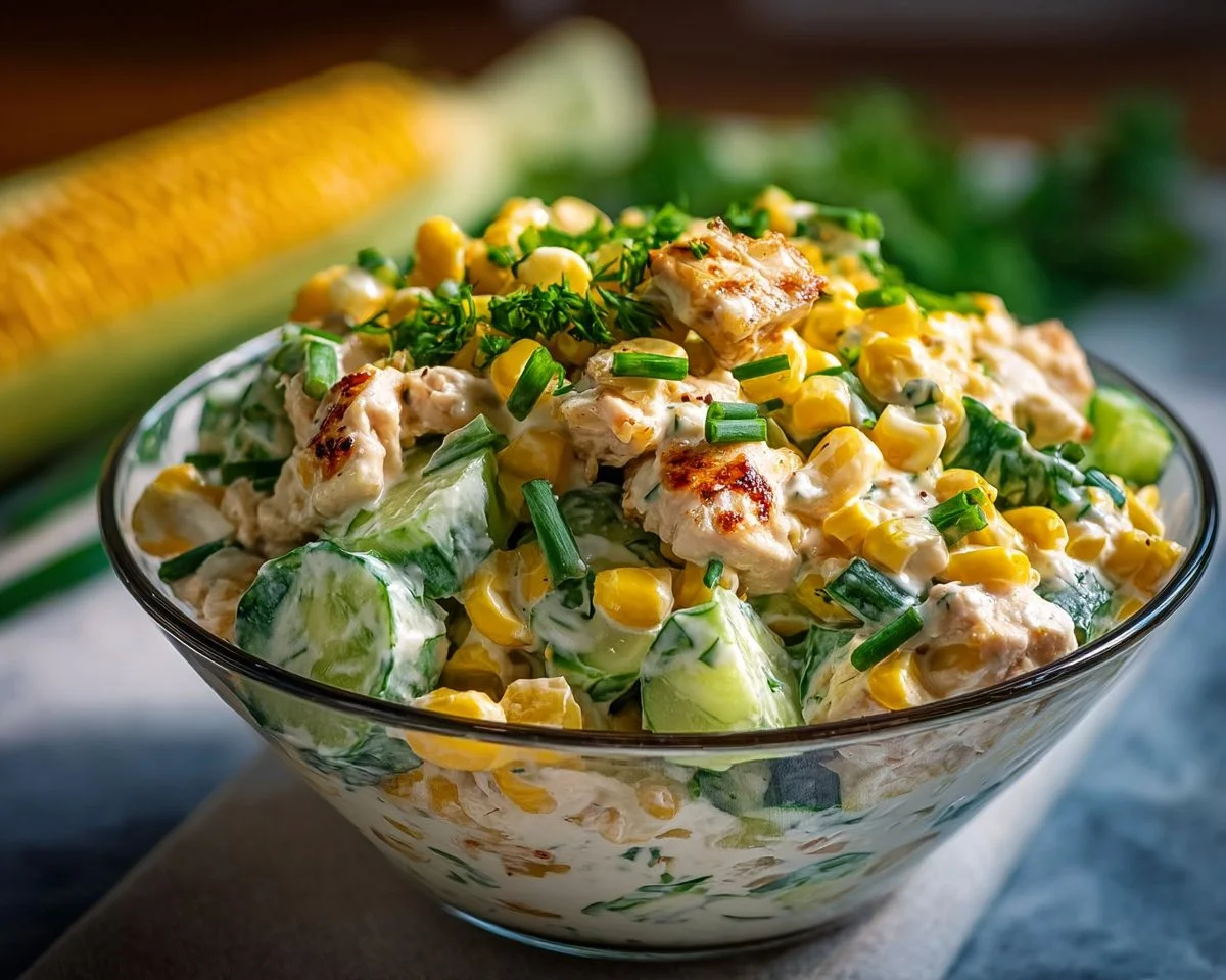 Delicious Street Corn Creamy Cucumber Chicken Salad served in a bowl