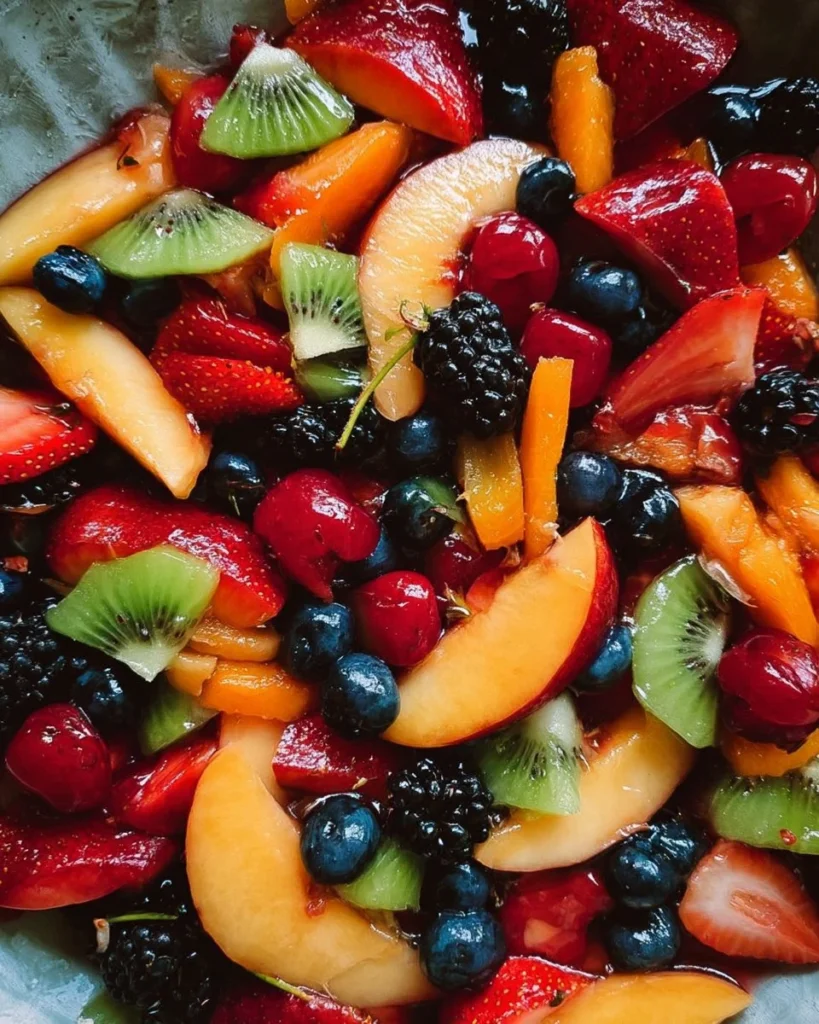 Colorful summer fruit salad featuring seasonal fruits in a bowl