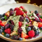 Superfood berry salad with creamy lemon herb dressing in a bowl