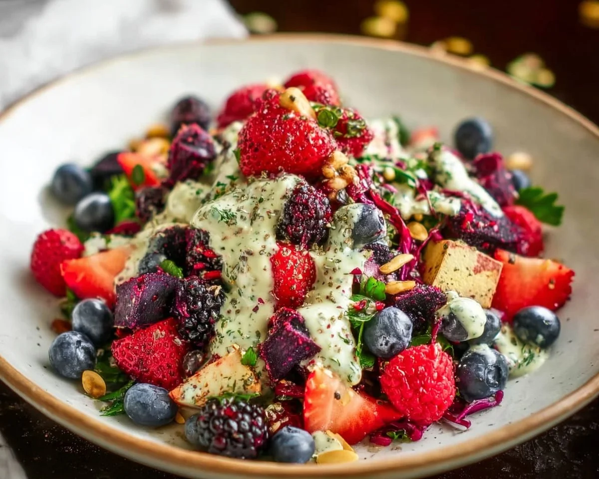 Superfood berry salad with creamy lemon herb dressing in a bowl