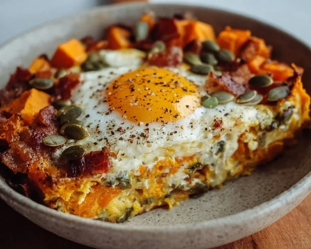 Delicious sweet potato breakfast bowl topped with fresh fruits and nuts