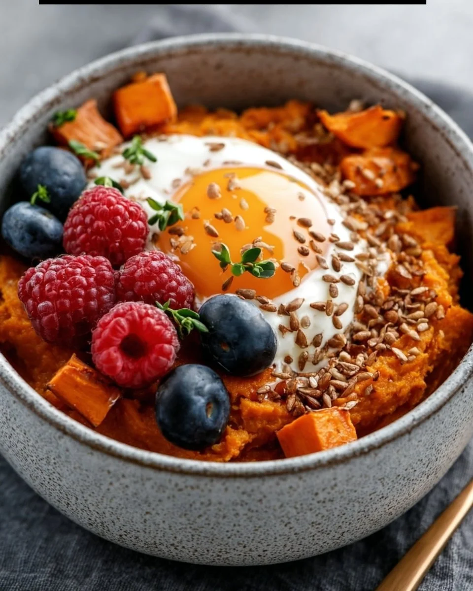 Delicious sweet potato breakfast bowl topped with nuts and berries