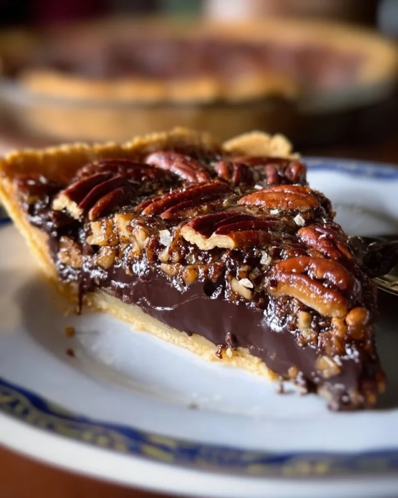 Delicious Texas Chocolate Pecan Pie with a rich, chocolaty filling and pecan topping