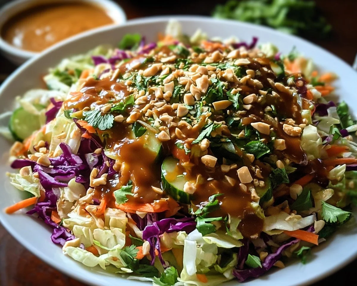 Thai Crunch Salad with peanut ginger sauce served in a bowl